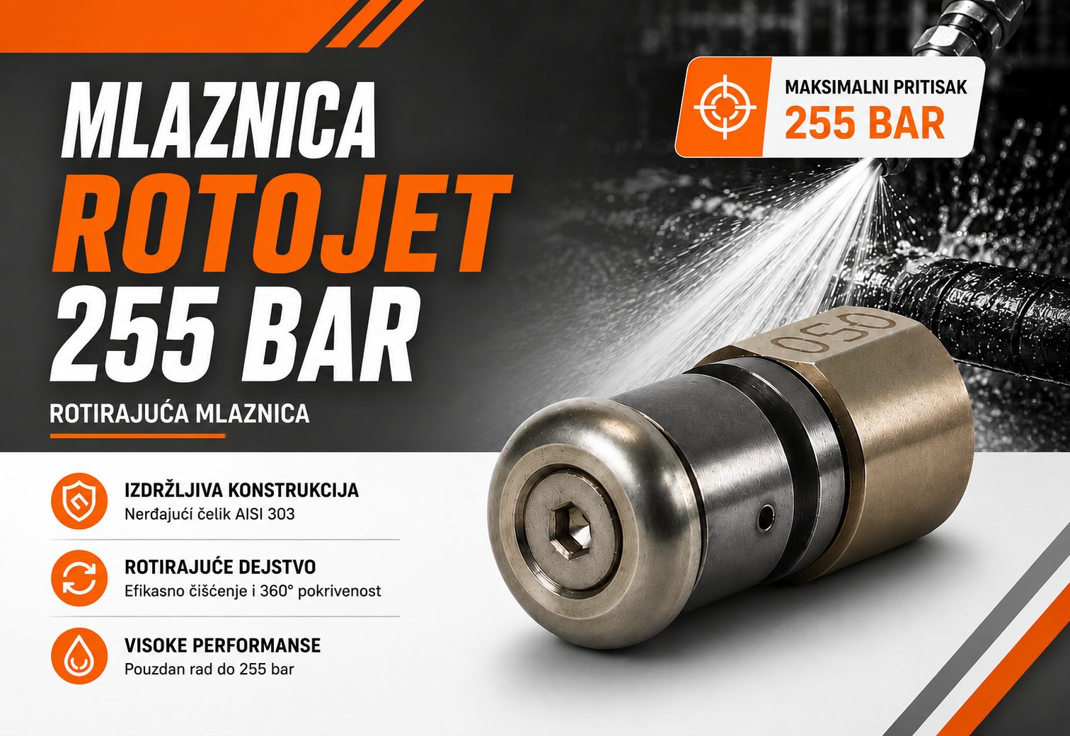 Rotojet 255 bar mlaznica – Profesionalno rešenje za brzo i efikasno čišćenje pod visokim pritiskom